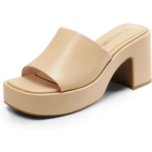Women Tan Fashion Comfort Slip on Square Open  Toe Block Heel Sandals